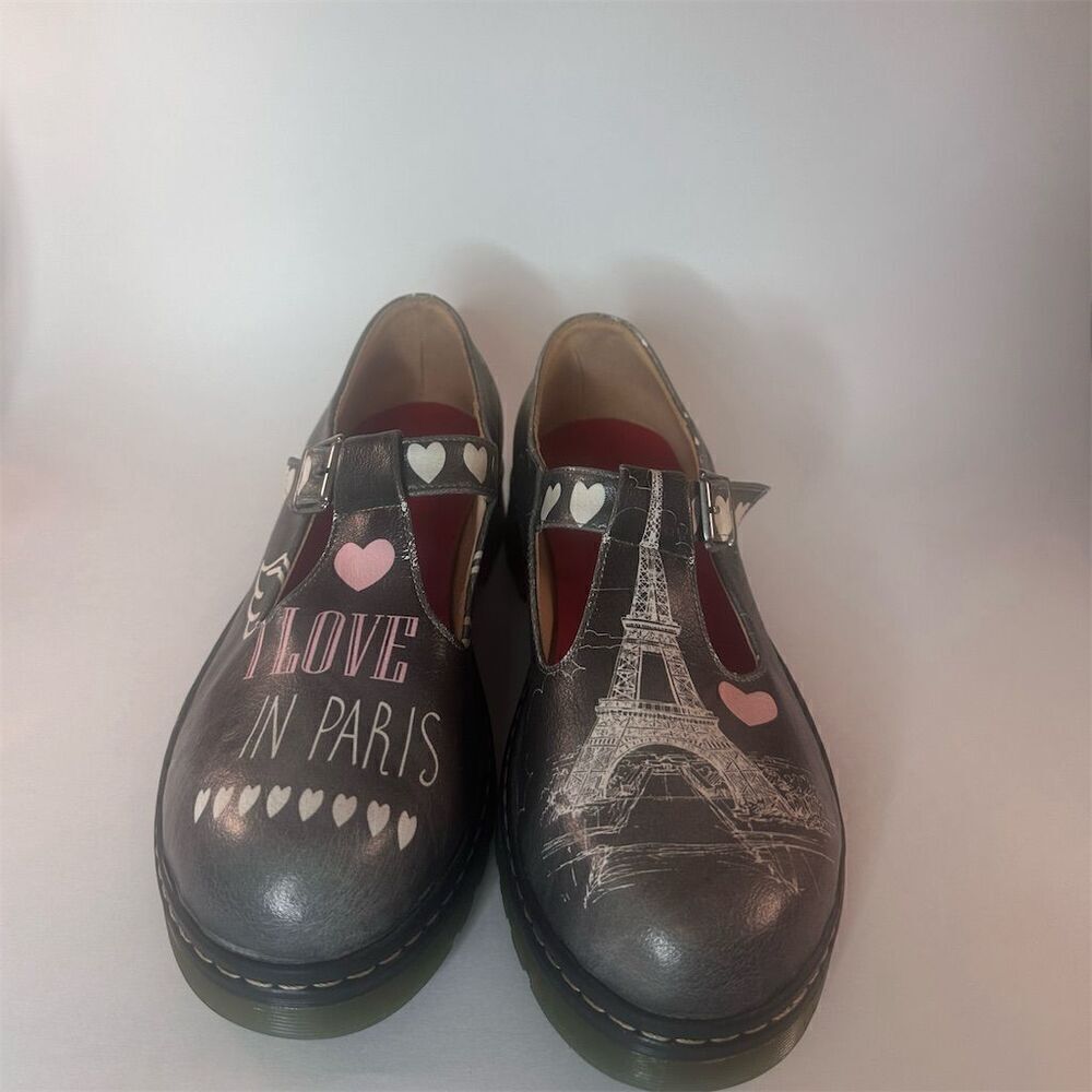 Women's Goby Parisian Eiffel Tower Graphic Mary Jane Chunky Platform Heels Black